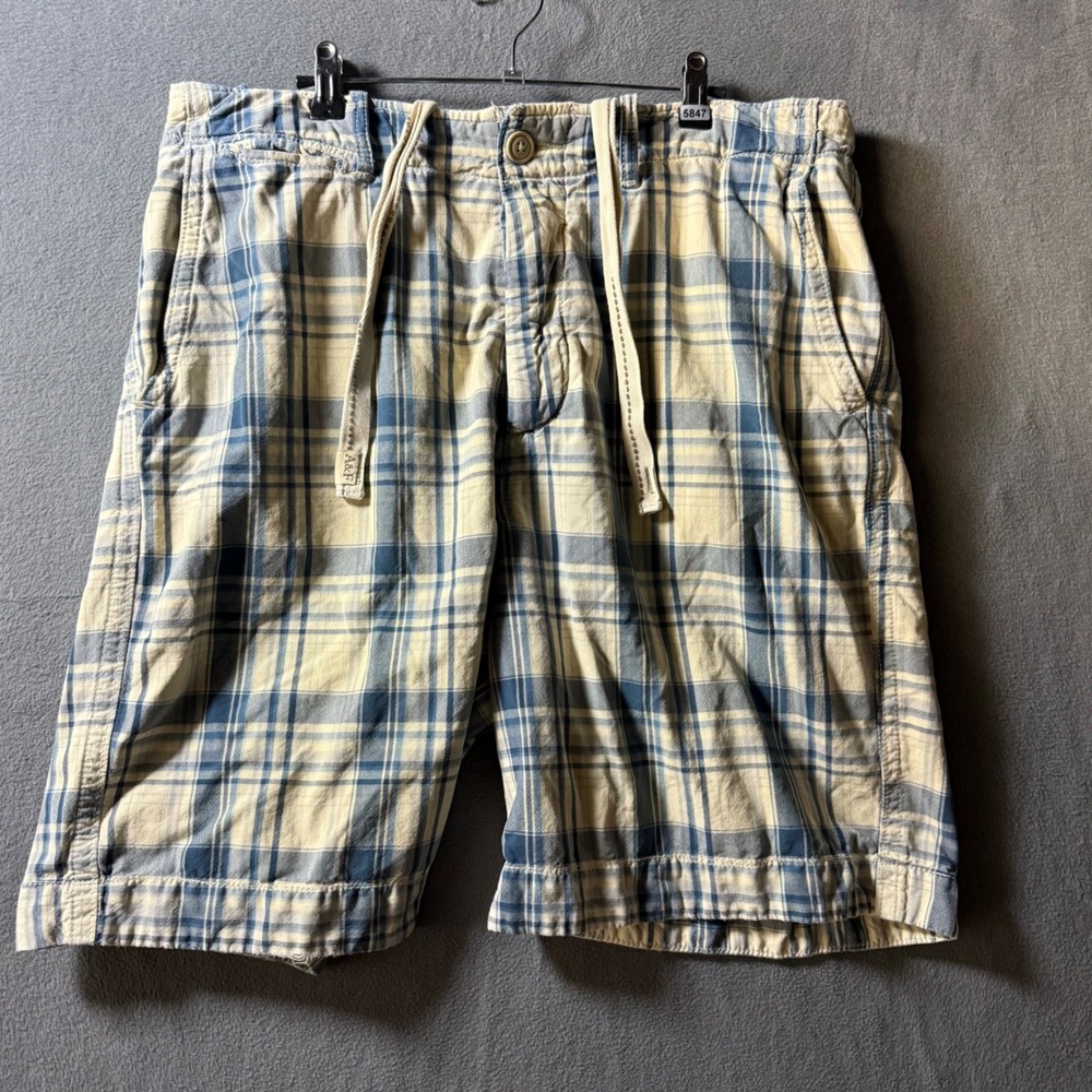Abercrombie & Fitch Mens Blue Plaid Drawstring Cotton Shorts Size 36 Button Fly